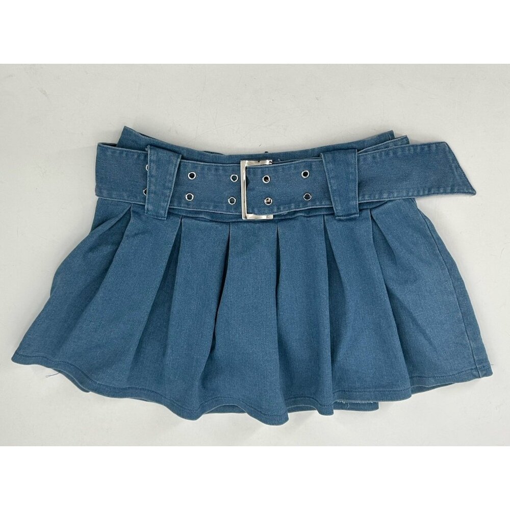 NST Windsor Denim Blue Pleated Mini Skirt Wide Belt Y2K Clubwear Women Small